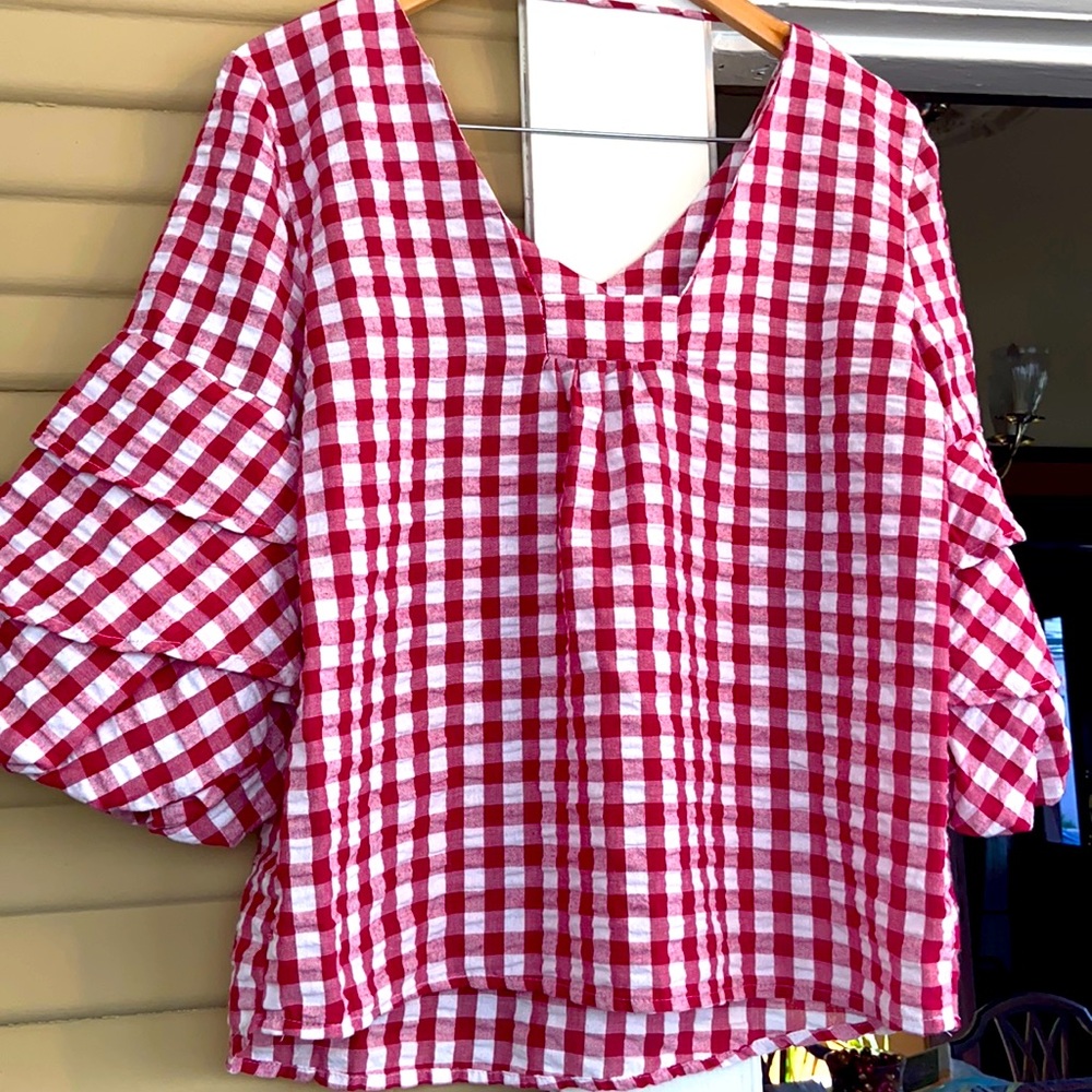 VELVET HEART Red/White checker blouse 3/4 sleeves